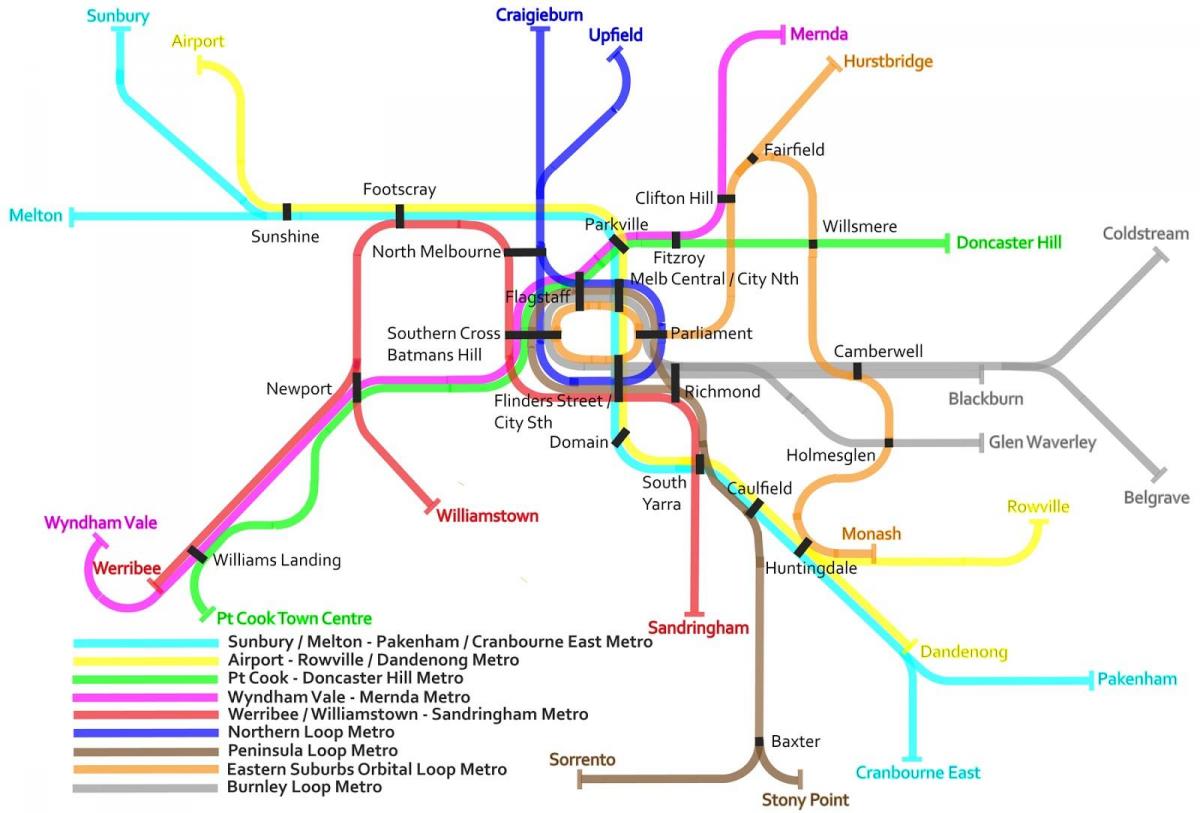 метро воз на мапи Мелбурну
